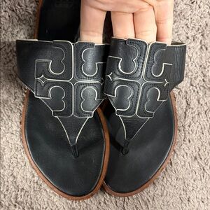 Tory Burch Black Leather Logo Thong Sandals with Brown Trim